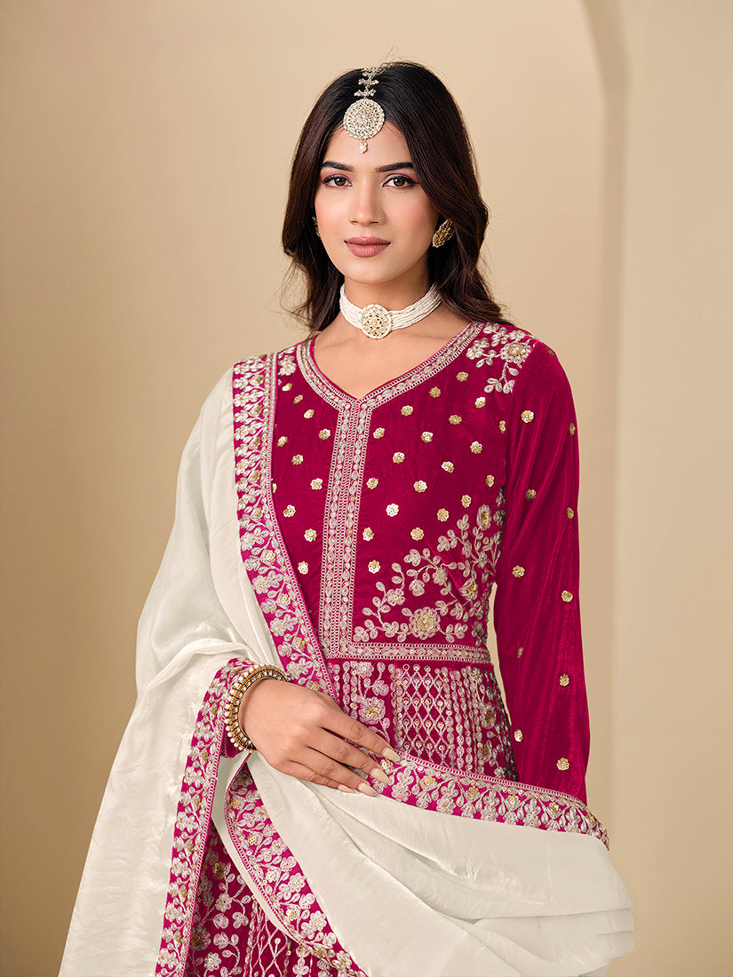 Rani Pink Velvet Embroidered Anarkali Suit - Monjolika Fashion