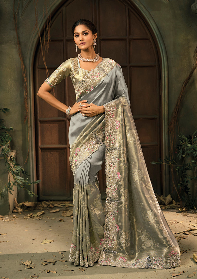Grey Silk Blend Saree with Embroidered Jari and Cut-Dana Work - Monjolika Fashion