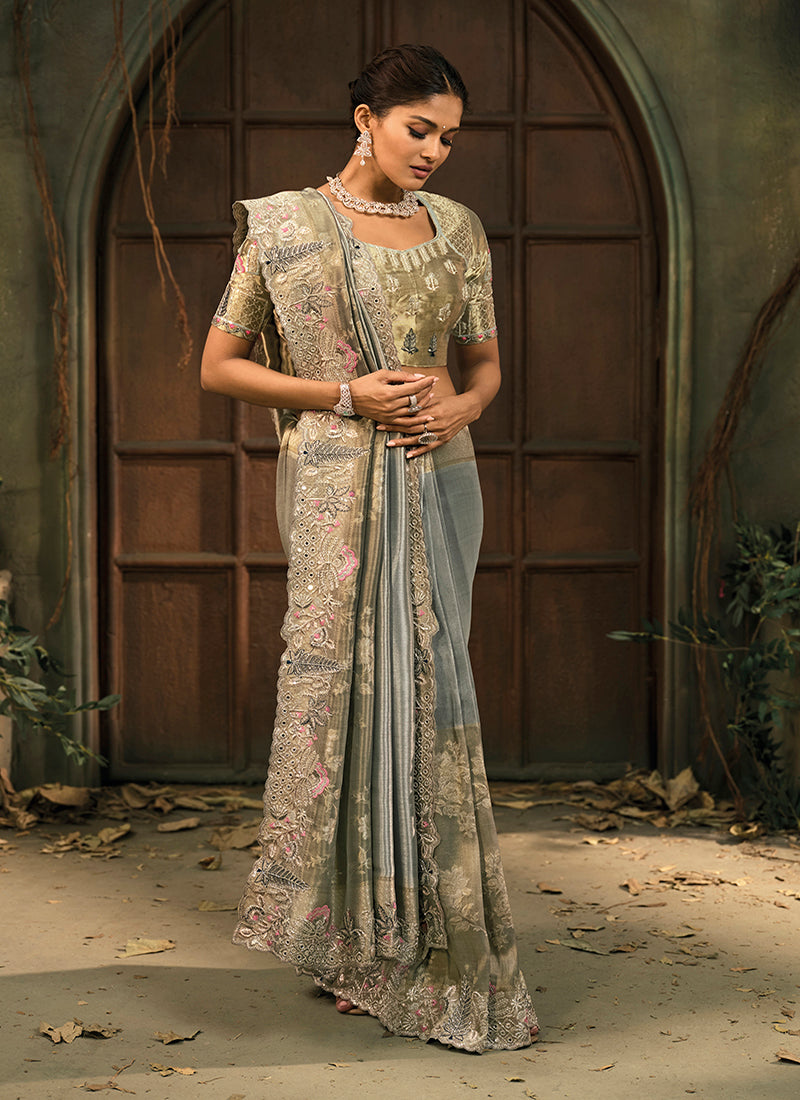 Grey Silk Blend Saree with Embroidered Jari and Cut-Dana Work - Monjolika Fashion