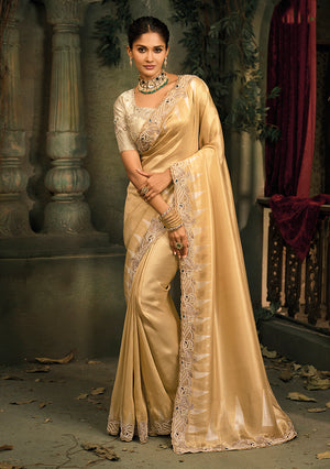 Beige Silk Blend Saree with Embroidered Jari and Cut-Dana Work