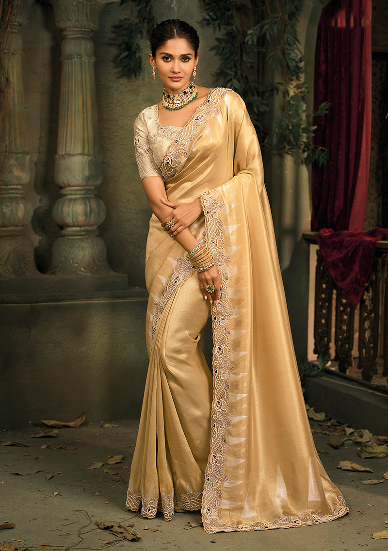Beige Silk Blend Saree with Embroidered Jari and Cut-Dana Work - Monjolika Fashion