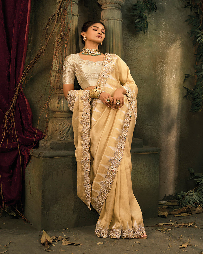 Beige Silk Blend Saree with Embroidered Jari and Cut-Dana Work - Monjolika Fashion