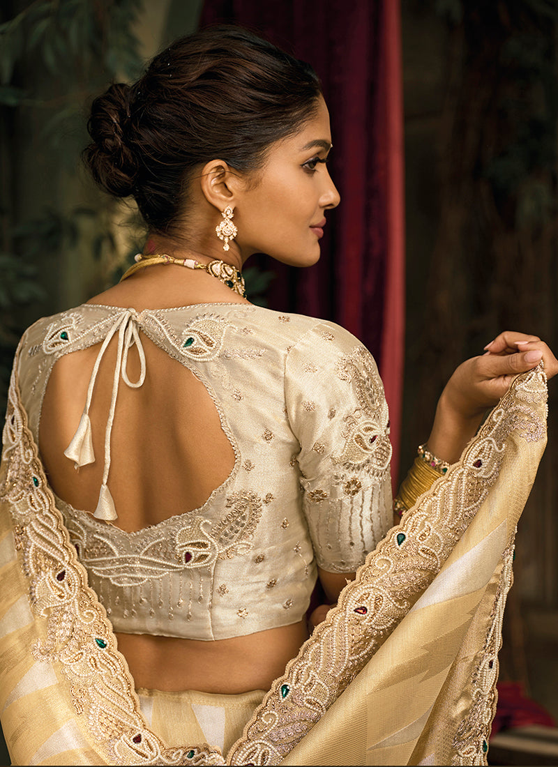Beige Silk Blend Saree with Embroidered Jari and Cut-Dana Work - Monjolika Fashion