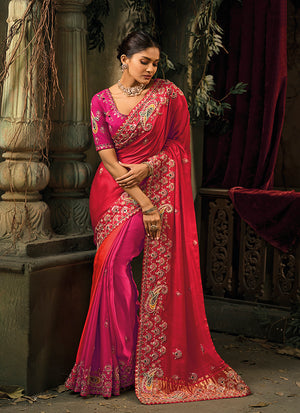 Rani Pink & Red Silk Blend Saree with Embroidered Jari and Cut-Dana Work