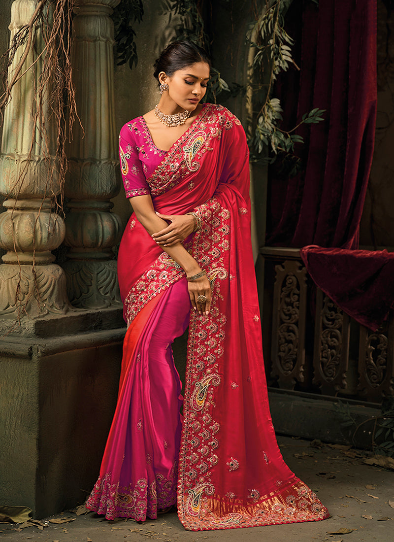 Rani Pink & Red Silk Blend Saree with Embroidered Jari and Cut-Dana Work - Monjolika Fashion
