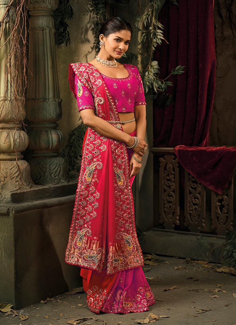 Rani Pink & Red Silk Blend Saree with Embroidered Jari and Cut-Dana Work - Monjolika Fashion