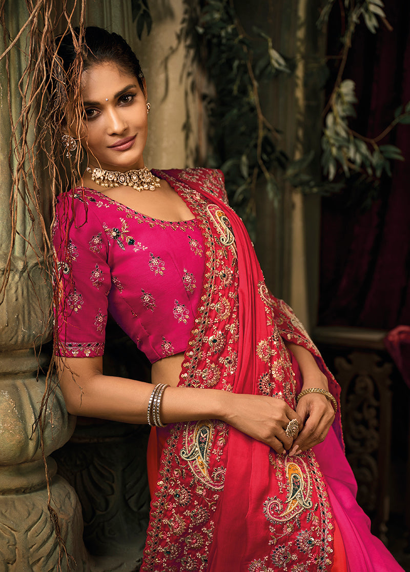 Rani Pink & Red Silk Blend Saree with Embroidered Jari and Cut-Dana Work - Monjolika Fashion