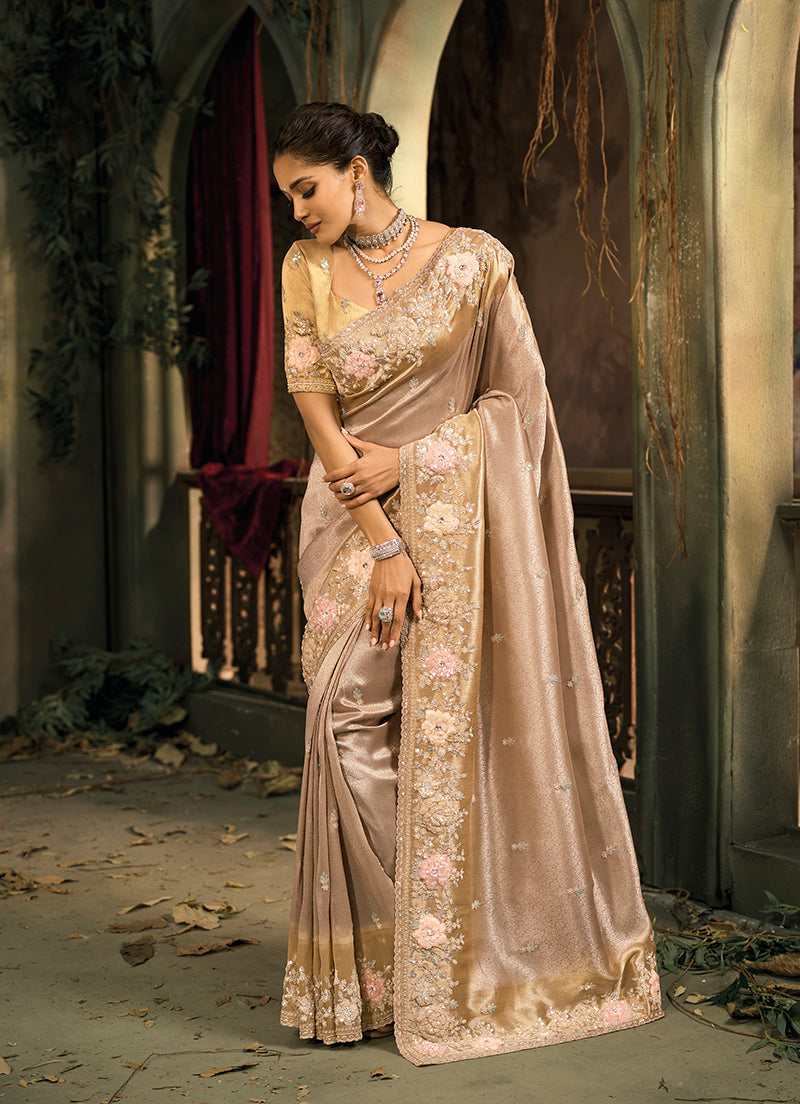 Chiku Silk Blend Saree with Embroidered Jari and Cut-Dana Work - Monjolika Fashion