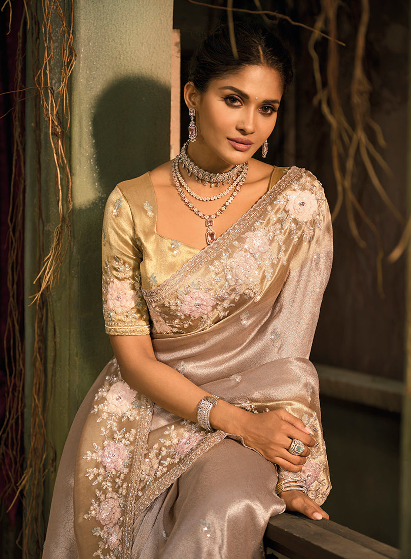 Chiku Silk Blend Saree with Embroidered Jari and Cut-Dana Work - Monjolika Fashion