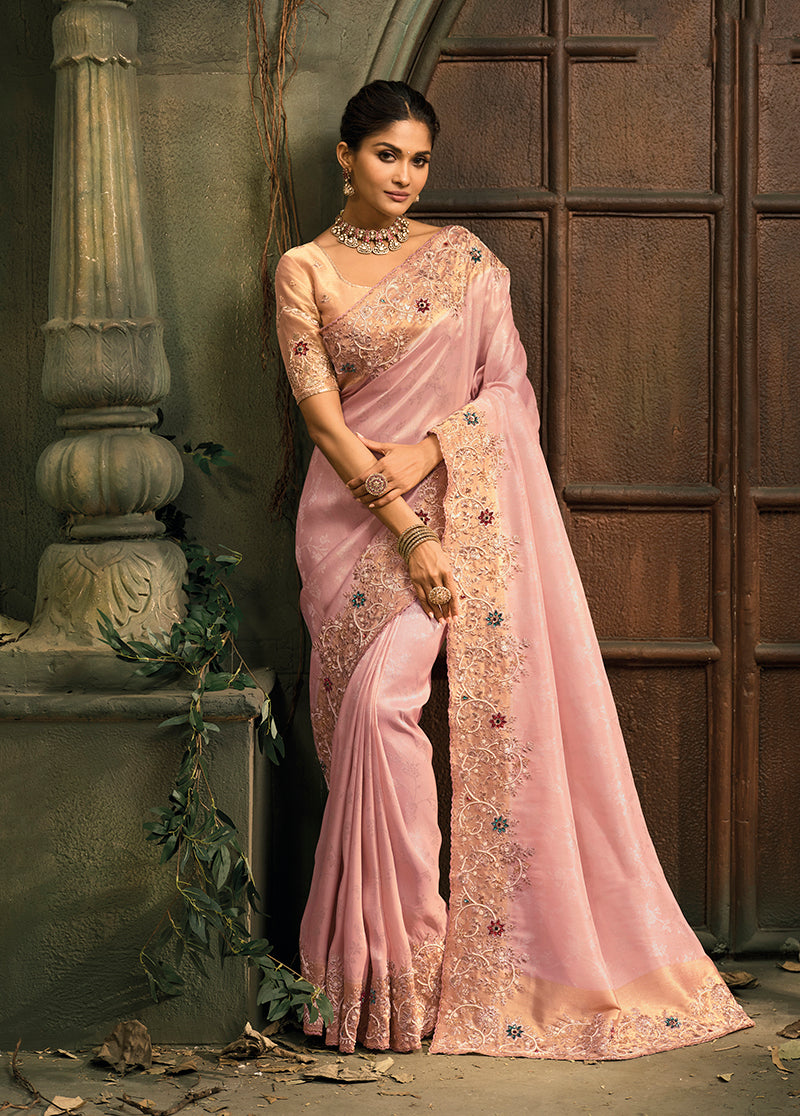 Pink Silk Blend Saree with Embroidered Jari and Cut-Dana Work - Monjolika Fashion