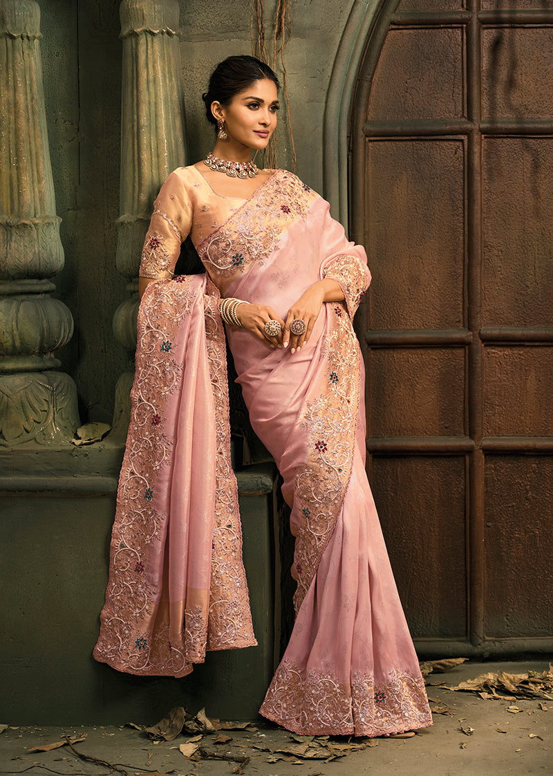 Pink Silk Blend Saree with Embroidered Jari and Cut-Dana Work - Monjolika Fashion