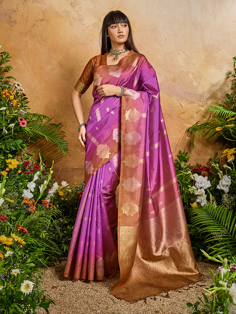 Magenta Weaving Handloom silk Blend Saree - Monjolika Fashion