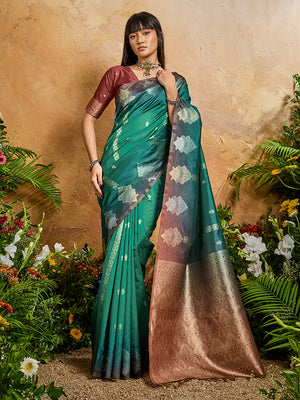 Teal Green Weaving Handloom silk Blend Saree
