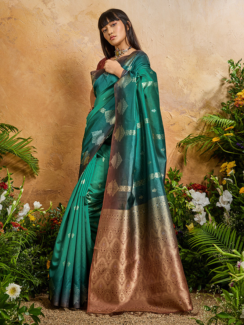 Teal Green Weaving Handloom silk Blend Saree - Monjolika Fashion