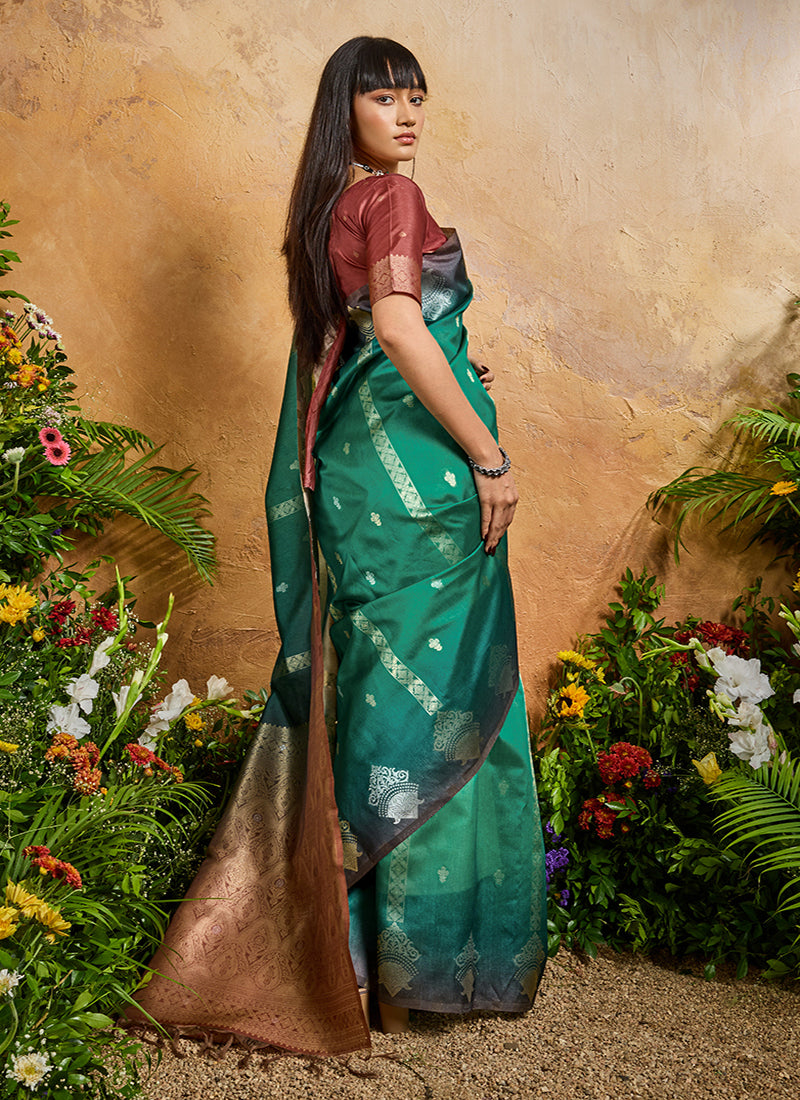 Teal Green Weaving Handloom silk Blend Saree - Monjolika Fashion