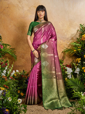 Magenta Pink Weaving Handloom silk Blend Saree