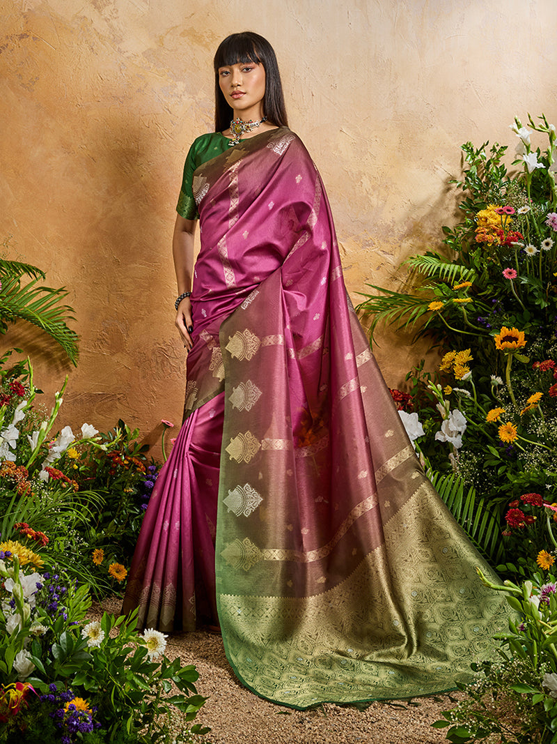 Magenta Pink Weaving Handloom silk Blend Saree - Monjolika Fashion