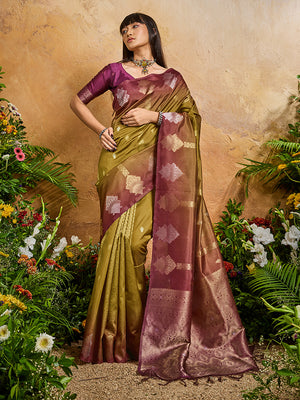 Mehendi Green Weaving Handloom silk Blend Saree