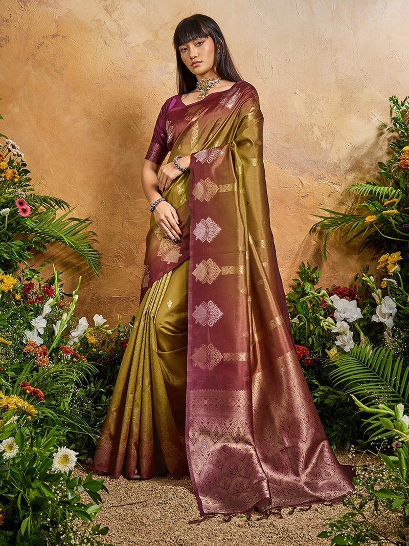 Mehendi Green Weaving Handloom silk Blend Saree - Monjolika Fashion