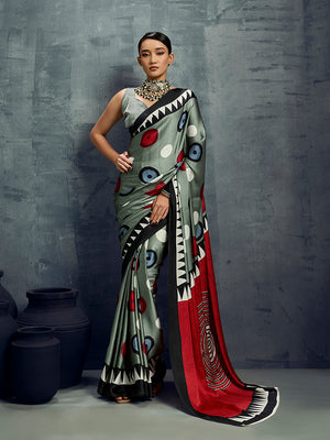 Satin Grey Printed Casual Saree