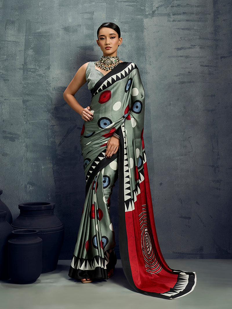 Satin Grey Printed Casual Saree - Monjolika Fashion