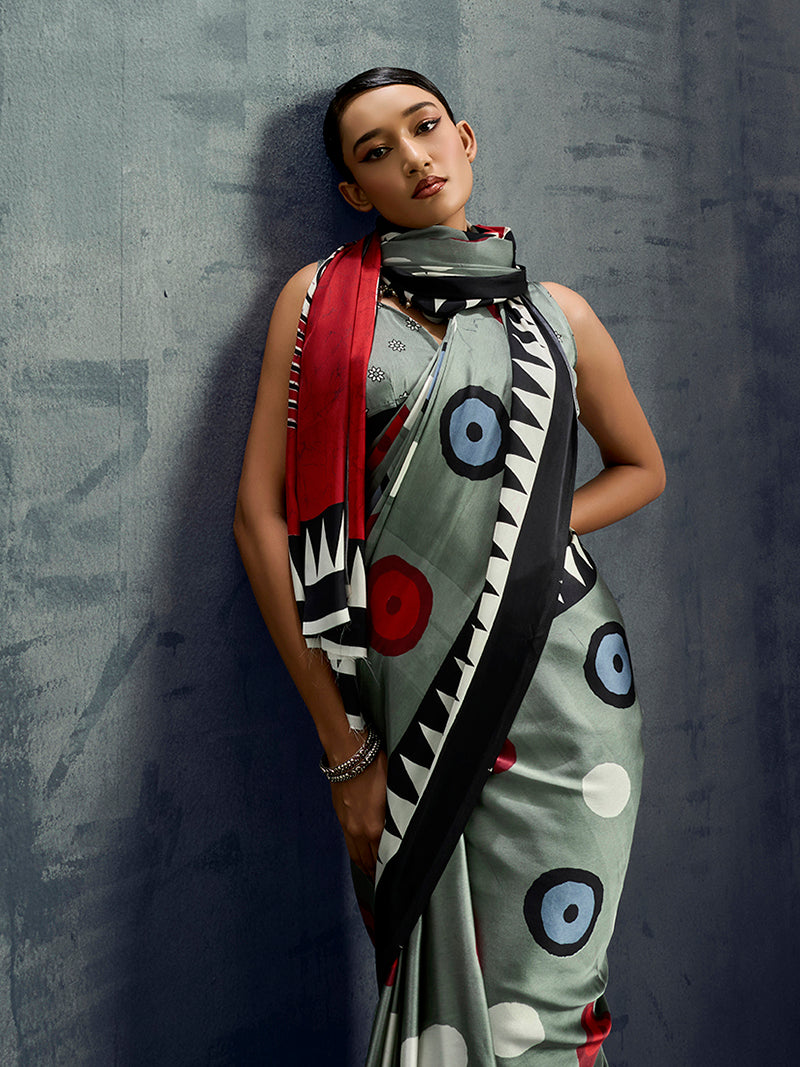 Satin Grey Printed Casual Saree - Monjolika Fashion
