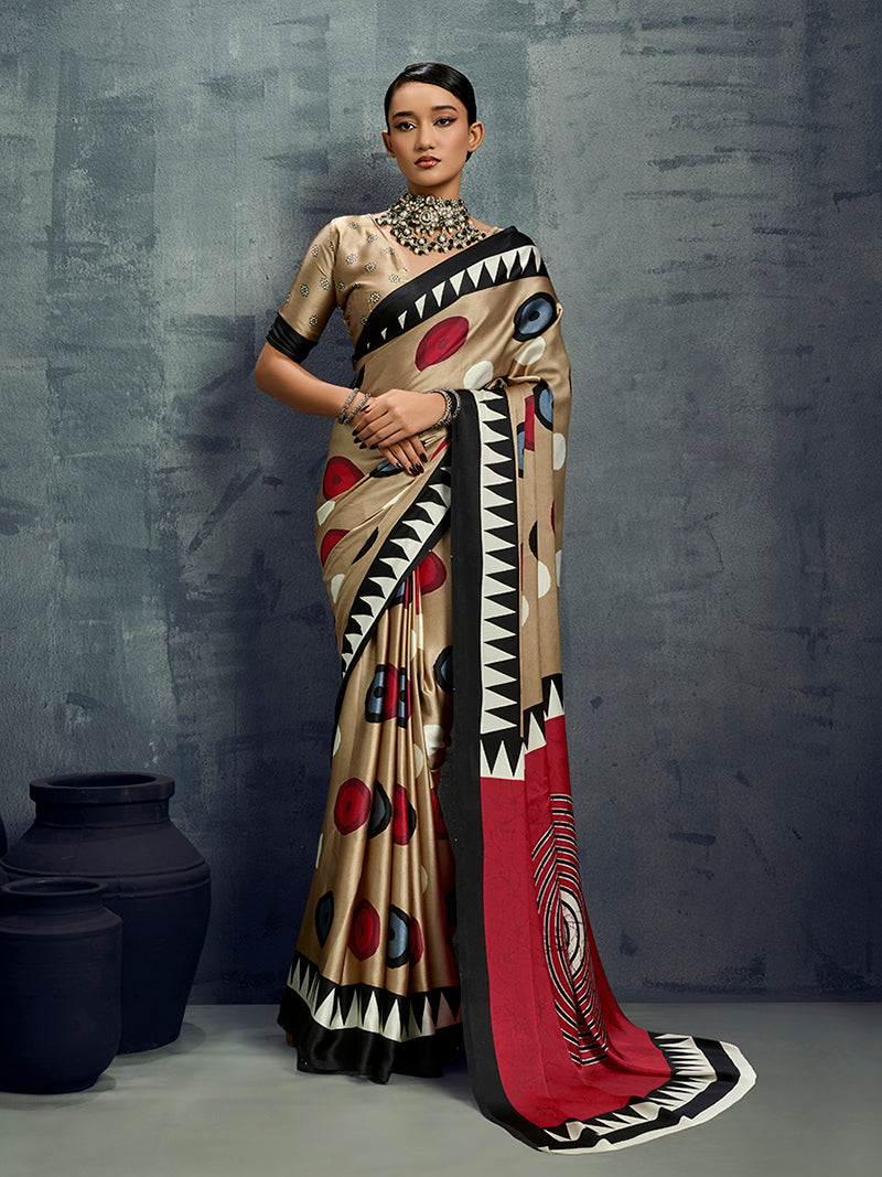 Satin Chiku Printed Casual Saree - Monjolika Fashion
