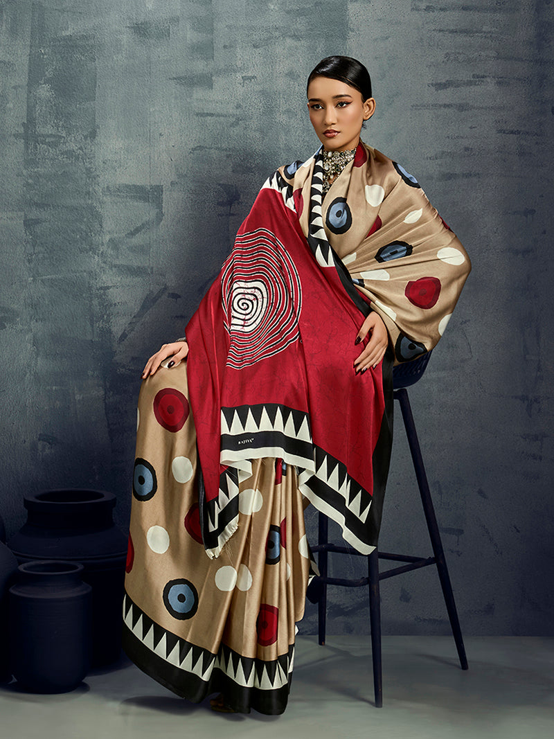 Satin Chiku Printed Casual Saree - Monjolika Fashion