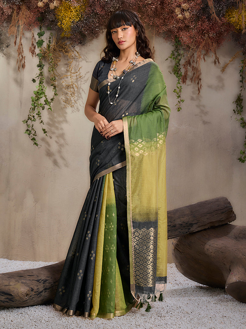 Black Colour Viscose Cotton Weaving Saree - Monjolika Fashion