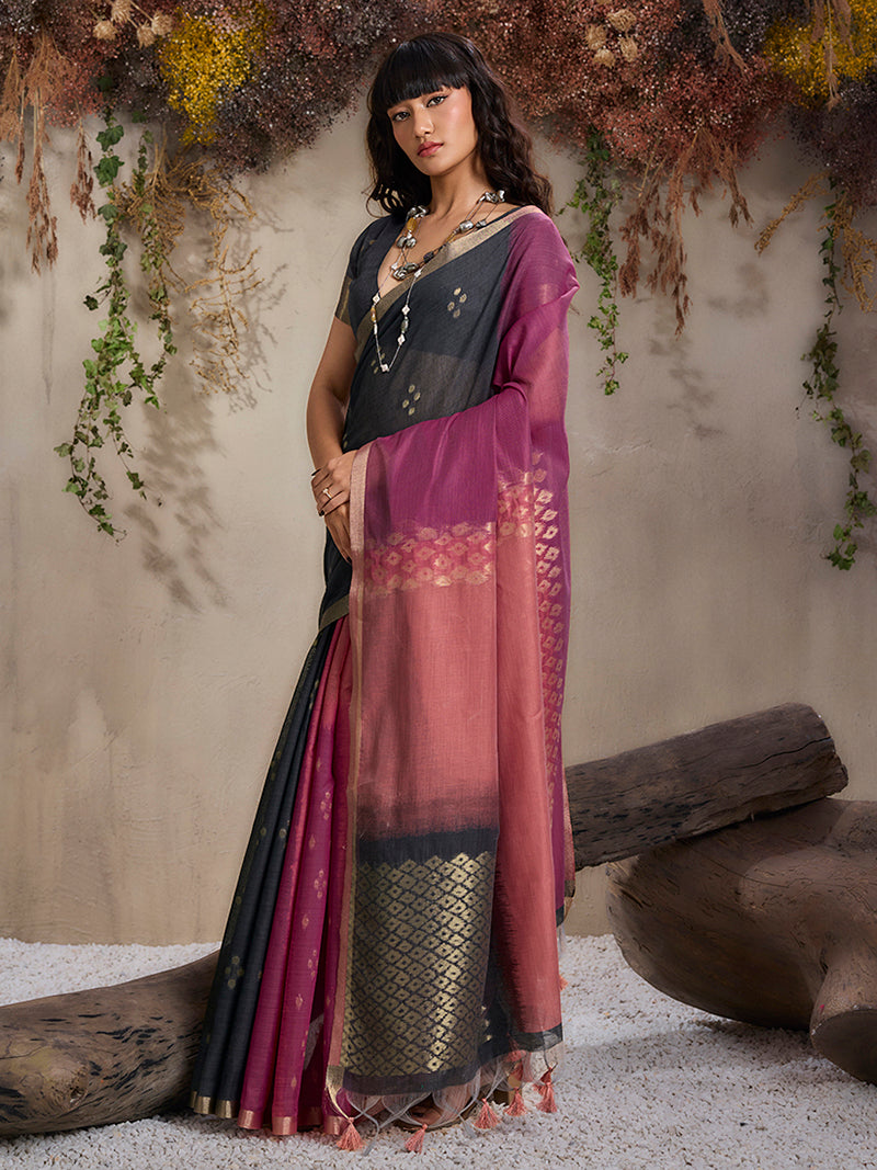 Black & Pink Viscose Cotton Weaving Saree - Monjolika Fashion