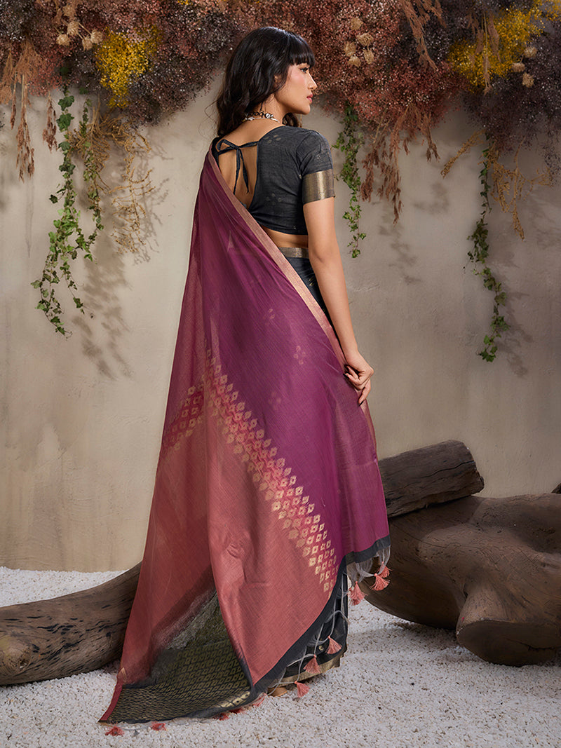 Black & Pink Viscose Cotton Weaving Saree - Monjolika Fashion