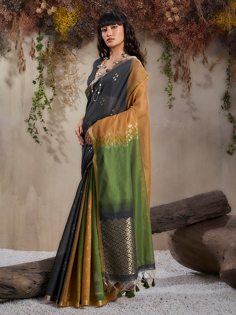 Black & Mustard Viscose Cotton Weaving Saree - Monjolika Fashion