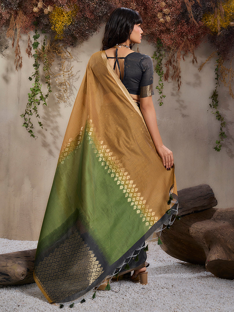Black & Mustard Viscose Cotton Weaving Saree - Monjolika Fashion