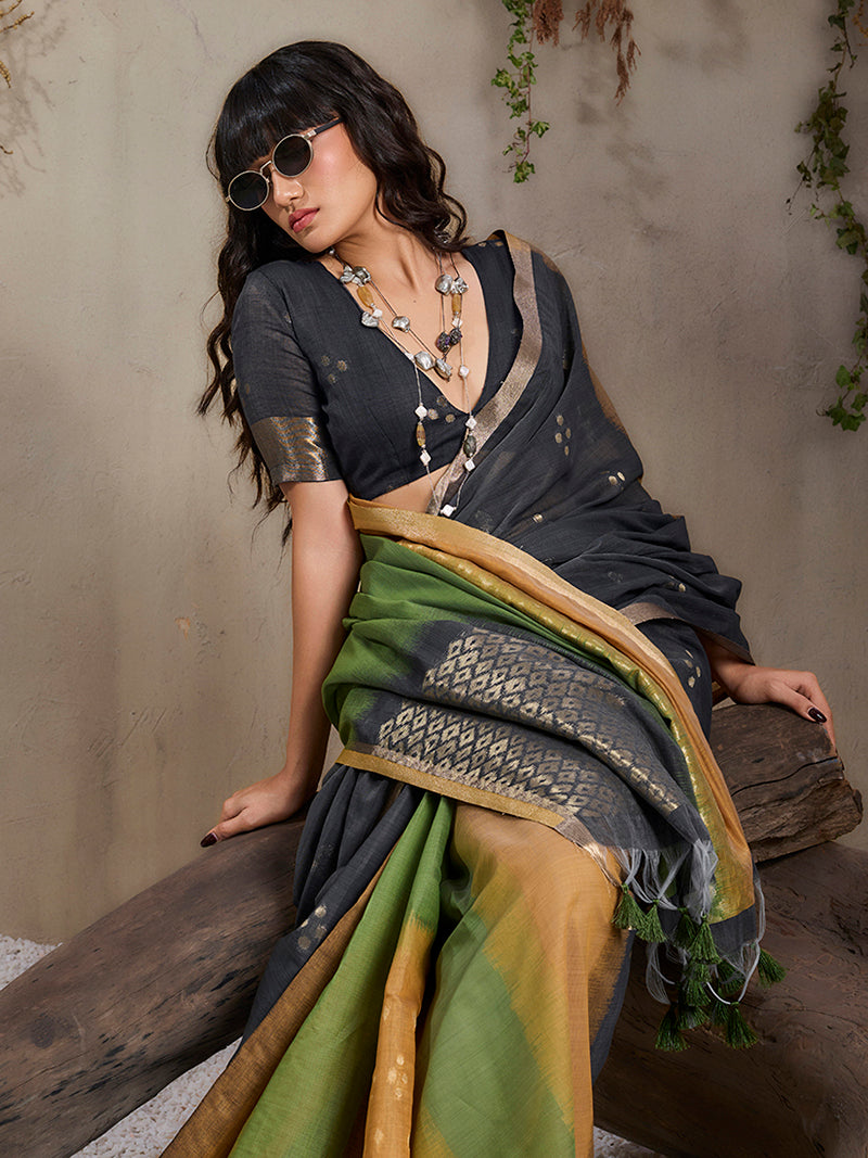 Black & Mustard Viscose Cotton Weaving Saree - Monjolika Fashion