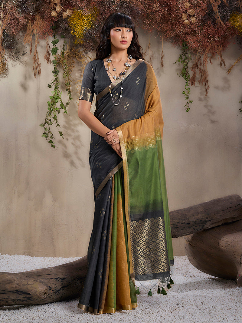 Black & Mustard Viscose Cotton Weaving Saree - Monjolika Fashion