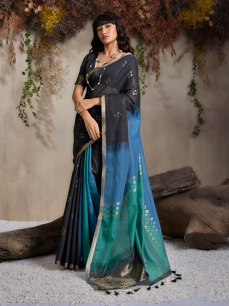 Black & Blue Viscose Cotton Weaving Saree - Monjolika Fashion