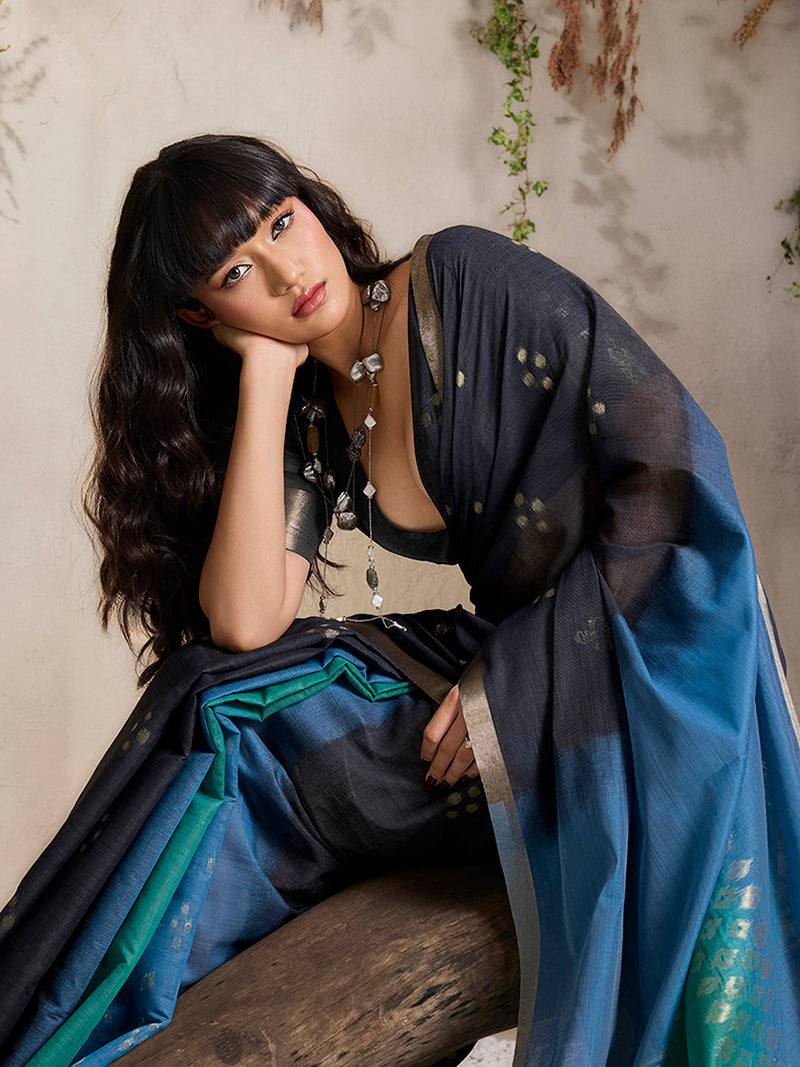 Black & Blue Viscose Cotton Weaving Saree - Monjolika Fashion