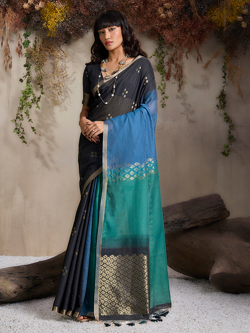 Black & Blue Viscose Cotton Weaving Saree - Monjolika Fashion