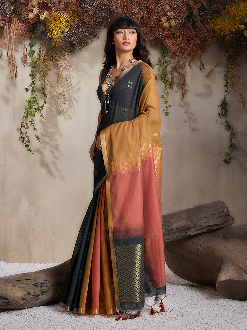 Black & Salmon  Viscose Cotton Weaving Saree - Monjolika Fashion