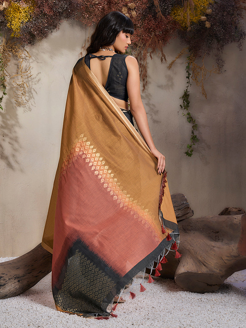 Black & Salmon  Viscose Cotton Weaving Saree - Monjolika Fashion