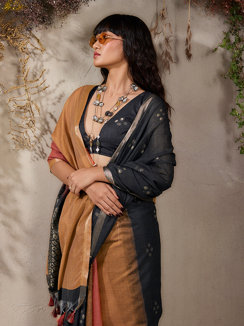 Black & Salmon  Viscose Cotton Weaving Saree - Monjolika Fashion