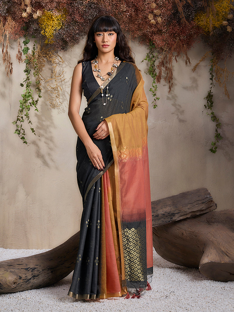 Black & Salmon  Viscose Cotton Weaving Saree - Monjolika Fashion