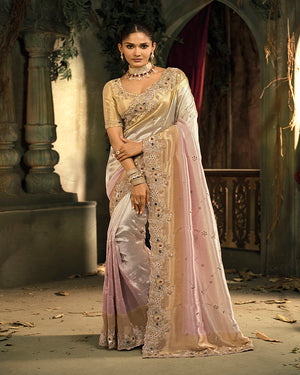 Cream and Pink Silk Blend Wedding Saree