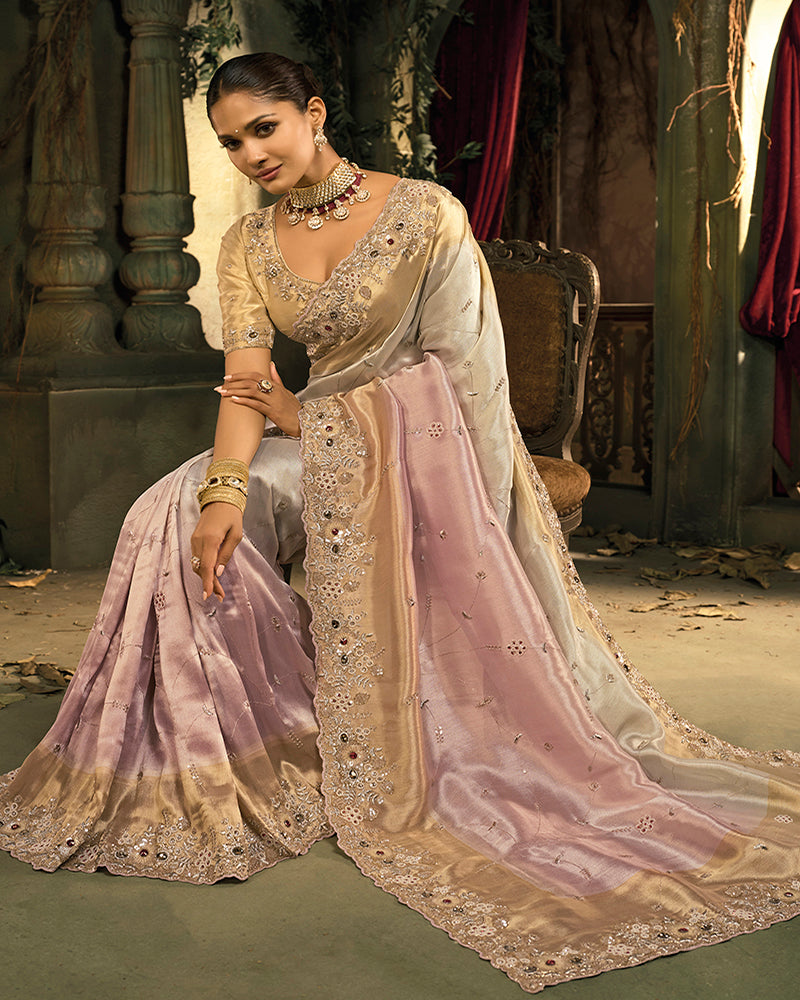 Cream and Pink Silk Blend Wedding Saree - Monjolika Fashion