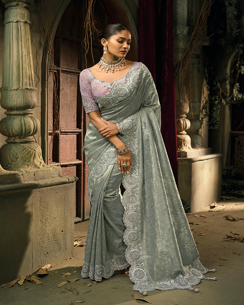 Grey Silk Blend Wedding Saree - Monjolika Fashion