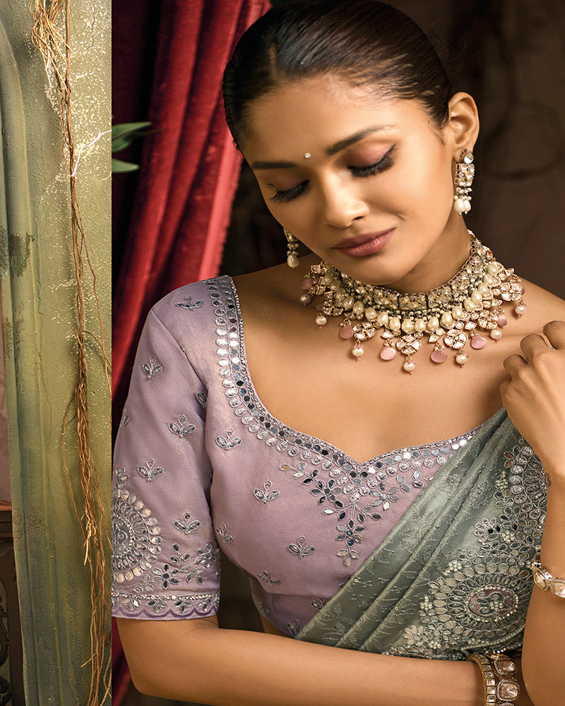 Grey Silk Blend Wedding Saree - Monjolika Fashion