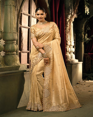 Beige Silk Blend Wedding Saree
