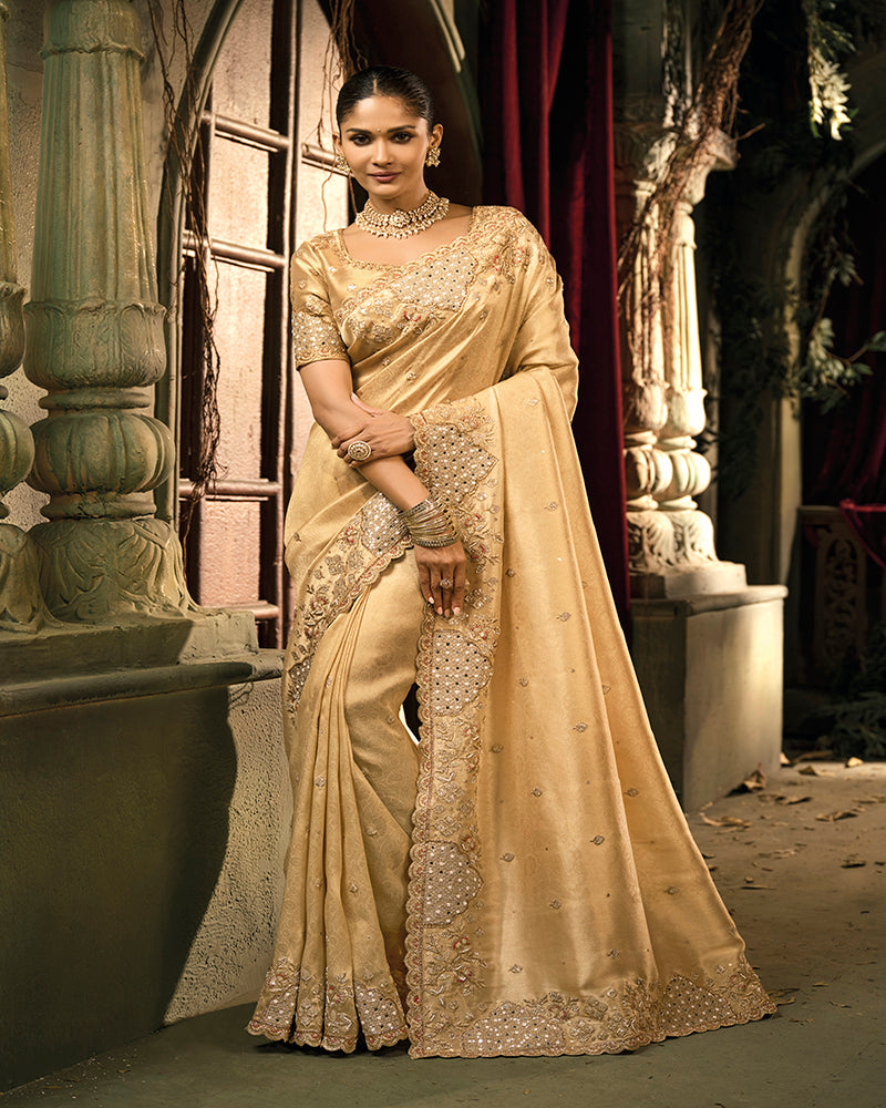 Beige Silk Blend Wedding Saree - Monjolika Fashion