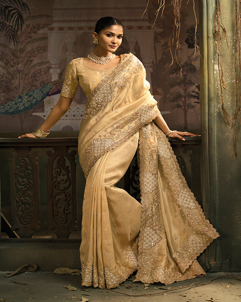 Beige Silk Blend Wedding Saree - Monjolika Fashion