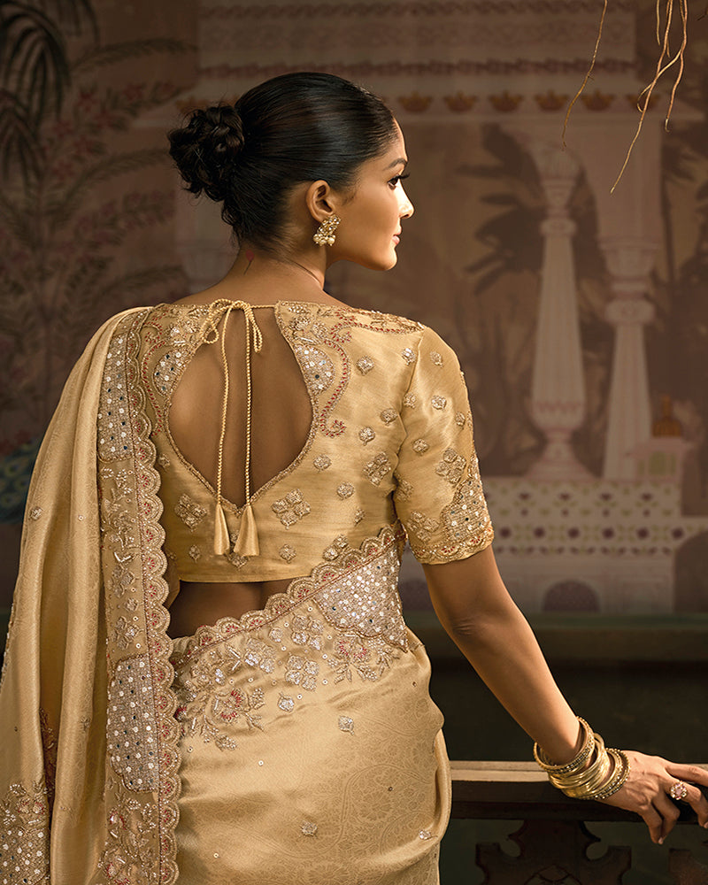 Beige Silk Blend Wedding Saree - Monjolika Fashion